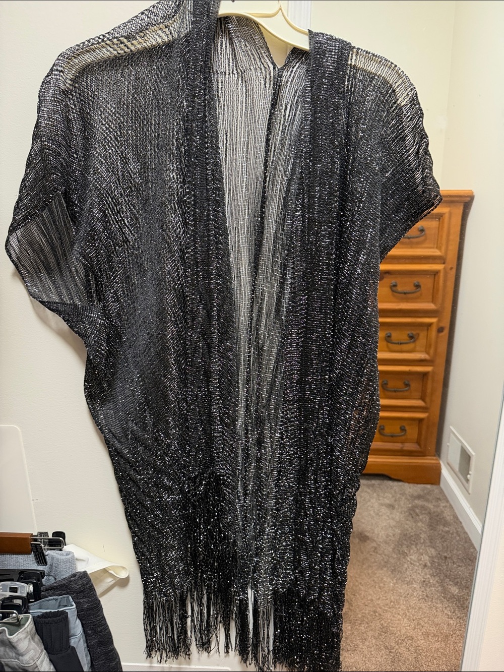 Black Metallic Open-Front Fringe Kimono Cardigan